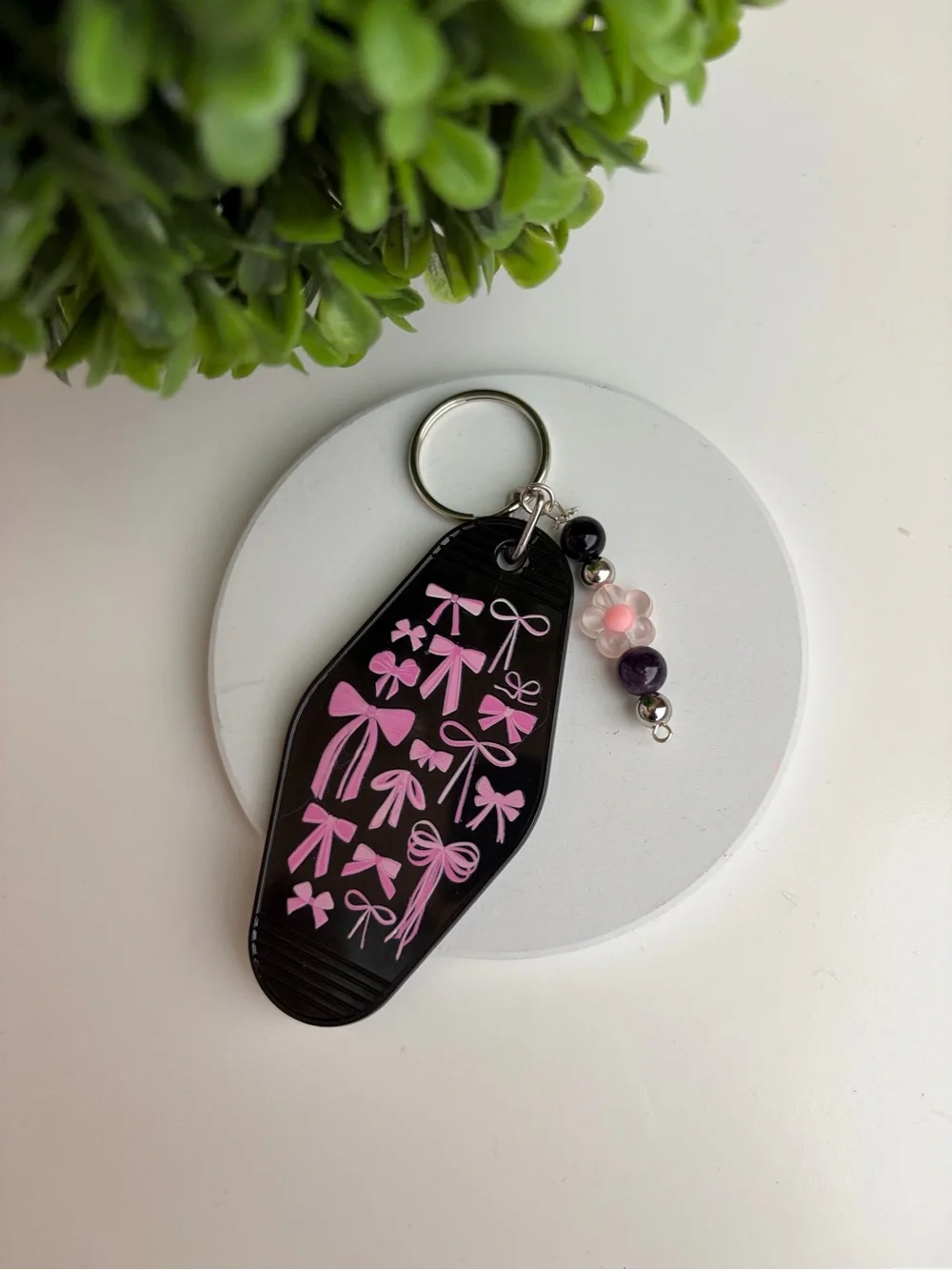 Black Key & Card Holder Keychain with Pink Bow Motif
